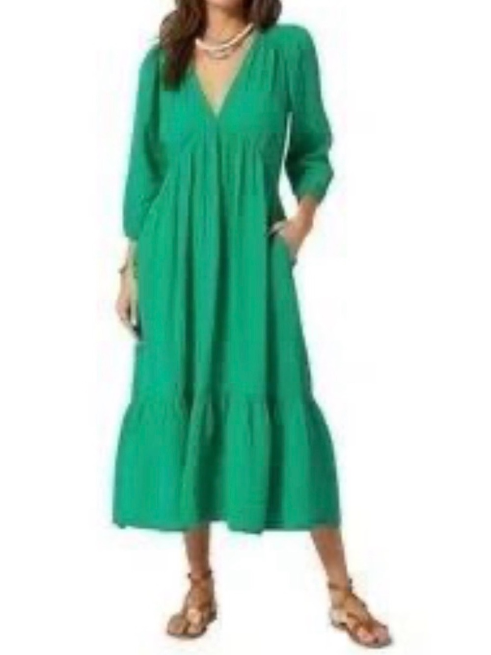 Felicite Green Double Gauze Cotton Tiered Maxi Dress Small Made in USA Pocket